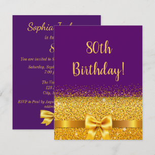 80歳の誕生日パープル金ゴールドボウエレガント 招待状