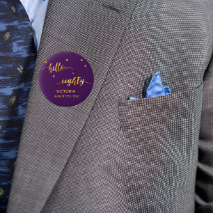 80歳の誕生日パープル金ゴールド名こんにちは80歳 缶バッジ