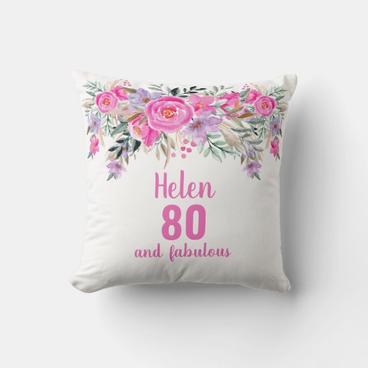 80歳の誕生日ピンクの水彩フローラ装飾用クッション クッション (正面)