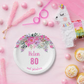 80歳の誕生日ピンクの水彩フローラ ペーパープレート (パーティー)