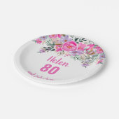 80歳の誕生日ピンクの水彩フローラ ペーパープレート (アングル)