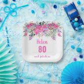 80歳の誕生日ピンクの水彩フローラ ペーパープレート (パーティー)