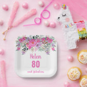 80歳の誕生日ピンクの水彩フローラ ペーパープレート (パーティー)