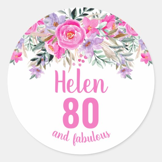 80歳の誕生日ピンクの水彩フローラ ラウンドシール (正面)
