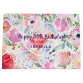 80歳の誕生日ピンクの花柄モノグラム ラージペーパーバッグ (正面)
