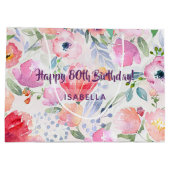 80歳の誕生日ピンクの花柄モノグラム ラージペーパーバッグ (裏面)