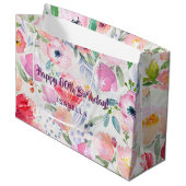 80歳の誕生日ピンクの花柄モノグラム ラージペーパーバッグ (正面アングル)