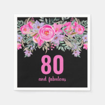 80歳の誕生日ピンクの黒いフローラパーティーナプキン