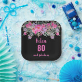80歳の誕生日ピンクの黒い水色フローラ ペーパープレート (パーティー)