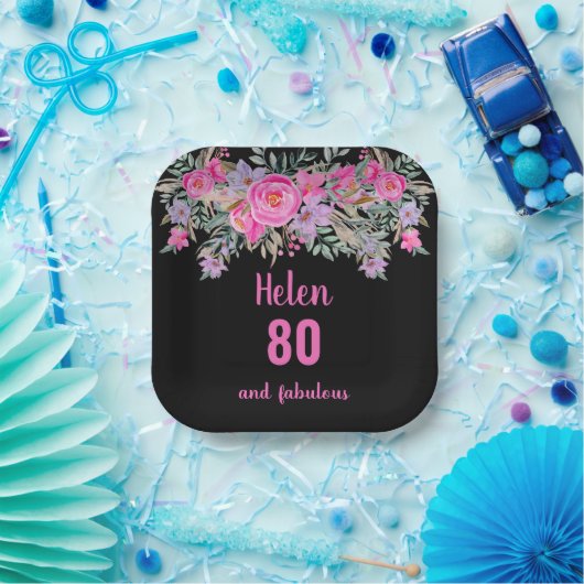 80歳の誕生日ピンクの黒い水色フローラ ペーパープレート (パーティー)