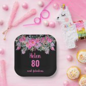 80歳の誕生日ピンクの黒い水色フローラ ペーパープレート (パーティー)
