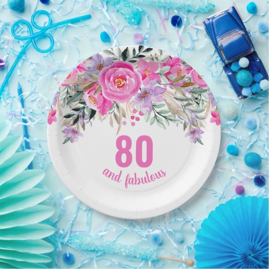 80歳の誕生日ピンクフローラ ペーパープレート (パーティー)