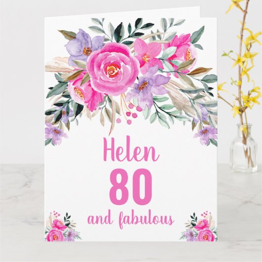 80歳の誕生日ピンク水彩花カード カード (黄色い花)