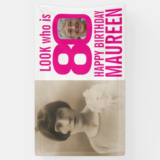 80歳の誕生日ピンク80歳のカスタム写真が今 横断幕 (縦)