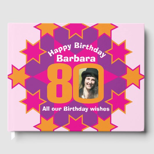 80歳の誕生日フォトスターピンクのオレンジのゲストブック ゲストブック (正面)