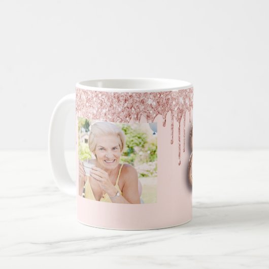 80歳の誕生日フォトバラ金ゴールドグリッターピンクバルーン コーヒーマグカップ (正面左)