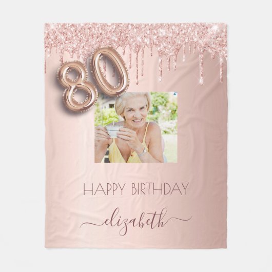 80歳の誕生日フォトバラ金ゴールド赤面ピンクの滴 フリースブランケット (正面)