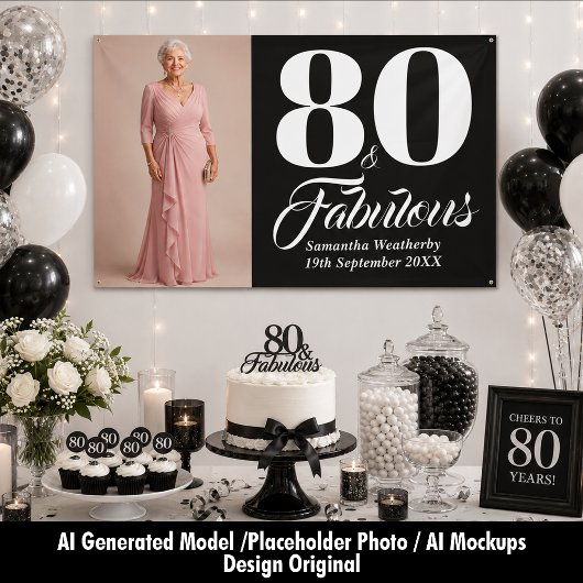 80歳の誕生日フォトパーティー装飾 ブラック ホワイト 横断幕