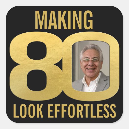 80歳の誕生日フォトブラックと金ゴールド スクエアシール (正面)