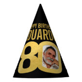80歳の誕生日フォトブラックパーソナライズされたと金ゴールド パーティーハット (正面)