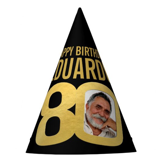 80歳の誕生日フォトブラックパーソナライズされたと金ゴールド パーティーハット (正面)
