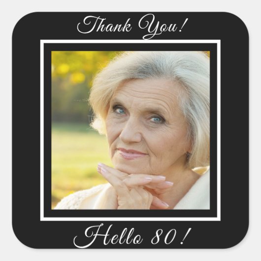 80歳の誕生日フォトブラック感謝していユー スクエアシール (正面)