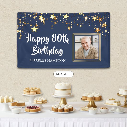 80歳の誕生日フォト ゴールドの星 青色の名入れ 横断幕