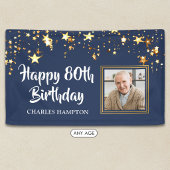 80歳の誕生日フォト ゴールドの星 青色の名入れ 横断幕