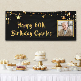 80歳の誕生日フォト ゴールドスター オリジナル ブラック 横断幕