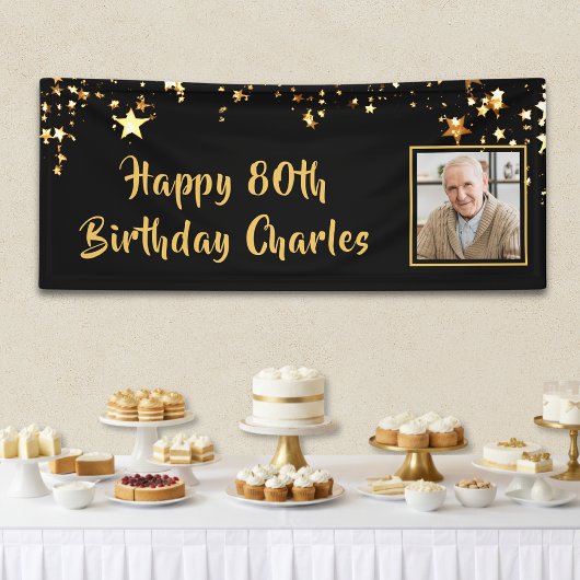 80歳の誕生日フォト ゴールドスター オリジナル ブラック 横断幕