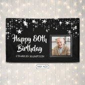 80歳の誕生日フォト 黒 白 シルバーの星 横断幕