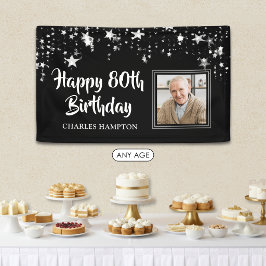 80歳の誕生日フォト 黒 白 シルバーの星 横断幕