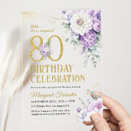 80歳の誕生日フラワー パープル ゴールドラメ サプライズ アクリル招待状