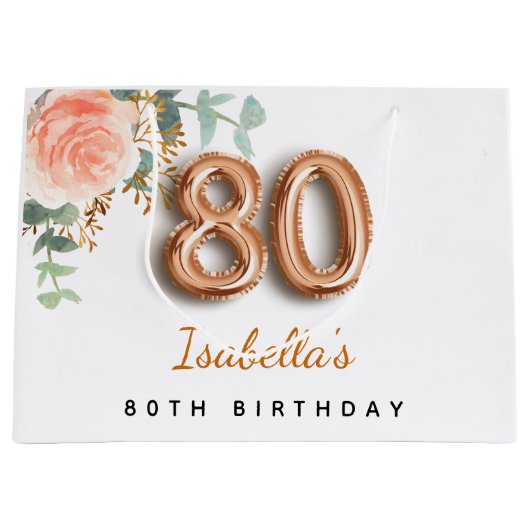 80歳の誕生日フローラバラ金ゴールドユーカリ誕生日 ラージペーパーバッグ (正面)