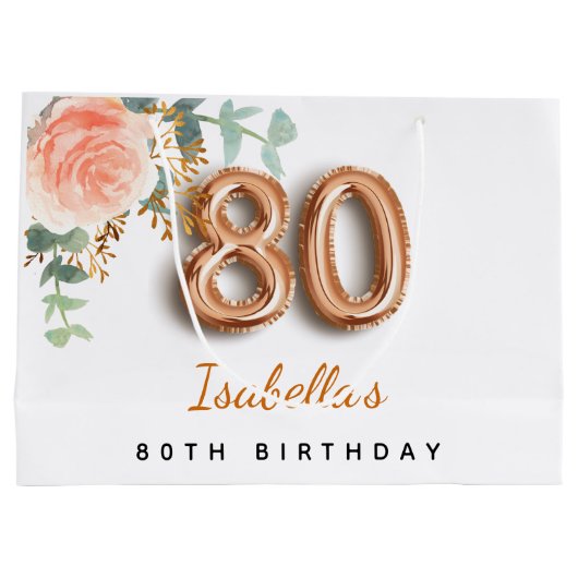 80歳の誕生日フローラバラ金ゴールドユーカリ誕生日 ラージペーパーバッグ (裏面)