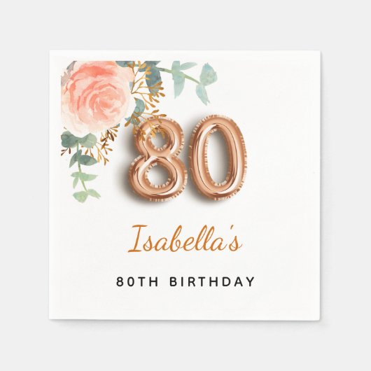 80歳の誕生日フローラバラ金ゴールドユーカリ・モノグラム スタンダードカクテルナプキン (正面)