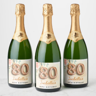 80歳の誕生日フローラバラ金ゴールドユーカリ・モノグラム スパークリングワインラベル