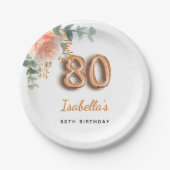 80歳の誕生日フローラバラ金ゴールドユーカリ・モノグラム ペーパープレート (正面)