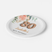80歳の誕生日フローラバラ金ゴールドユーカリ・モノグラム ペーパープレート (アングル)
