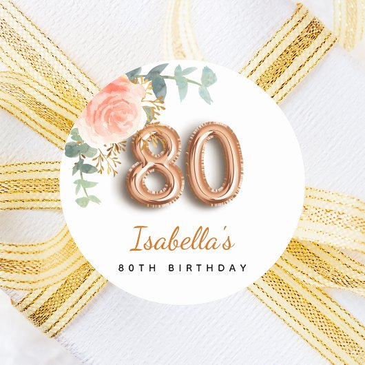 80歳の誕生日フローラバラ金ゴールドユーカリ・モノグラム ラウンドシール