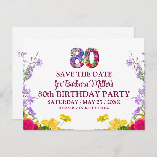 80歳の誕生日フローラモダン80歳のパーティー 案内ポストカード (正面/裏面)