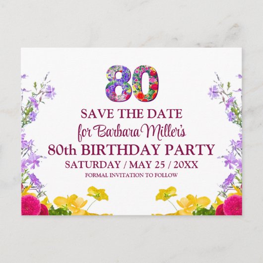 80歳の誕生日フローラモダン80歳のパーティー 案内ポストカード (正面)