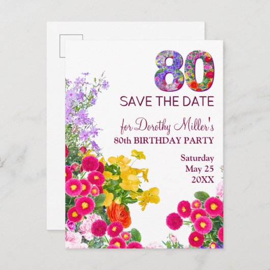 80歳の誕生日フローラモダン80 案内ポストカード (正面/裏面)
