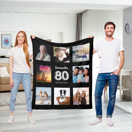 80歳の誕生日ブラックシルバー写真コラージュ名 フリースブランケット