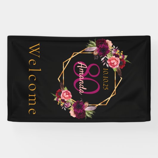 80歳の誕生日ブラックフローラ金ゴールド幾何学模様 横断幕 (横)