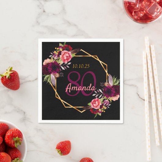 80歳の誕生日ブラックブルゴーニュ花模様幾何学的 スタンダードカクテルナプキン (インサイチュ)