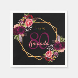 80歳の誕生日ブラックブルゴーニュ花模様幾何学的 スタンダードカクテルナプキン