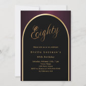 80歳の誕生日ブラックブルゴーニュ金ゴールドアーチスクリプト 招待状 (正面)