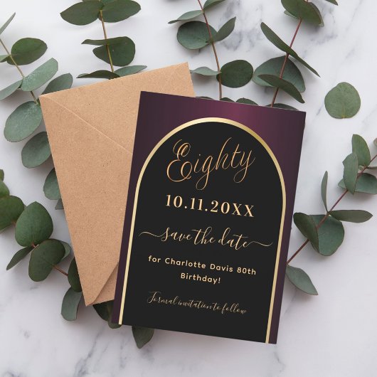 80歳の誕生日ブラックブルゴーニュ金ゴールドアーチ セーブザデート