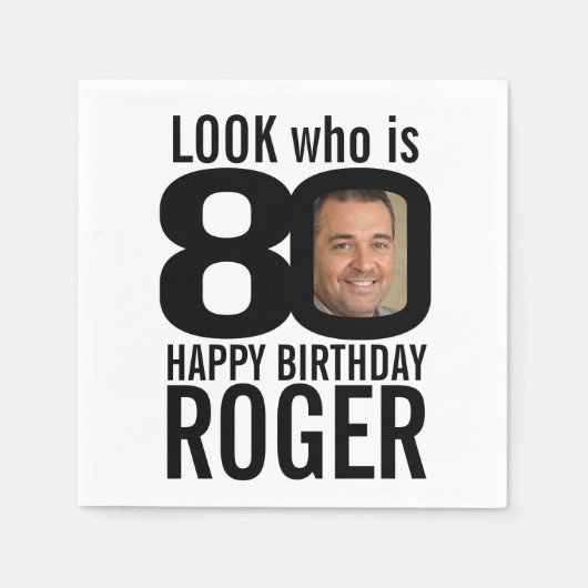 80歳の誕生日ブラックルック80カスタムの写真と名前 スタンダードカクテルナプキン (正面)